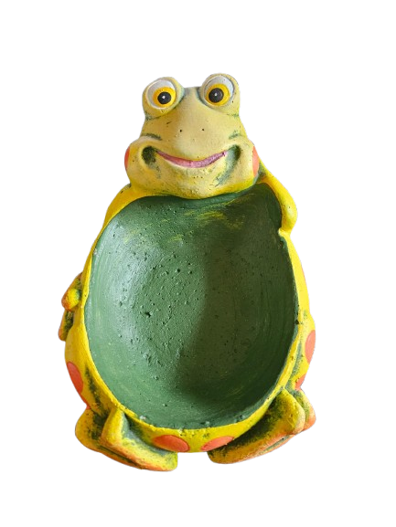 Frog With Leaf Bowl Cement Ornament